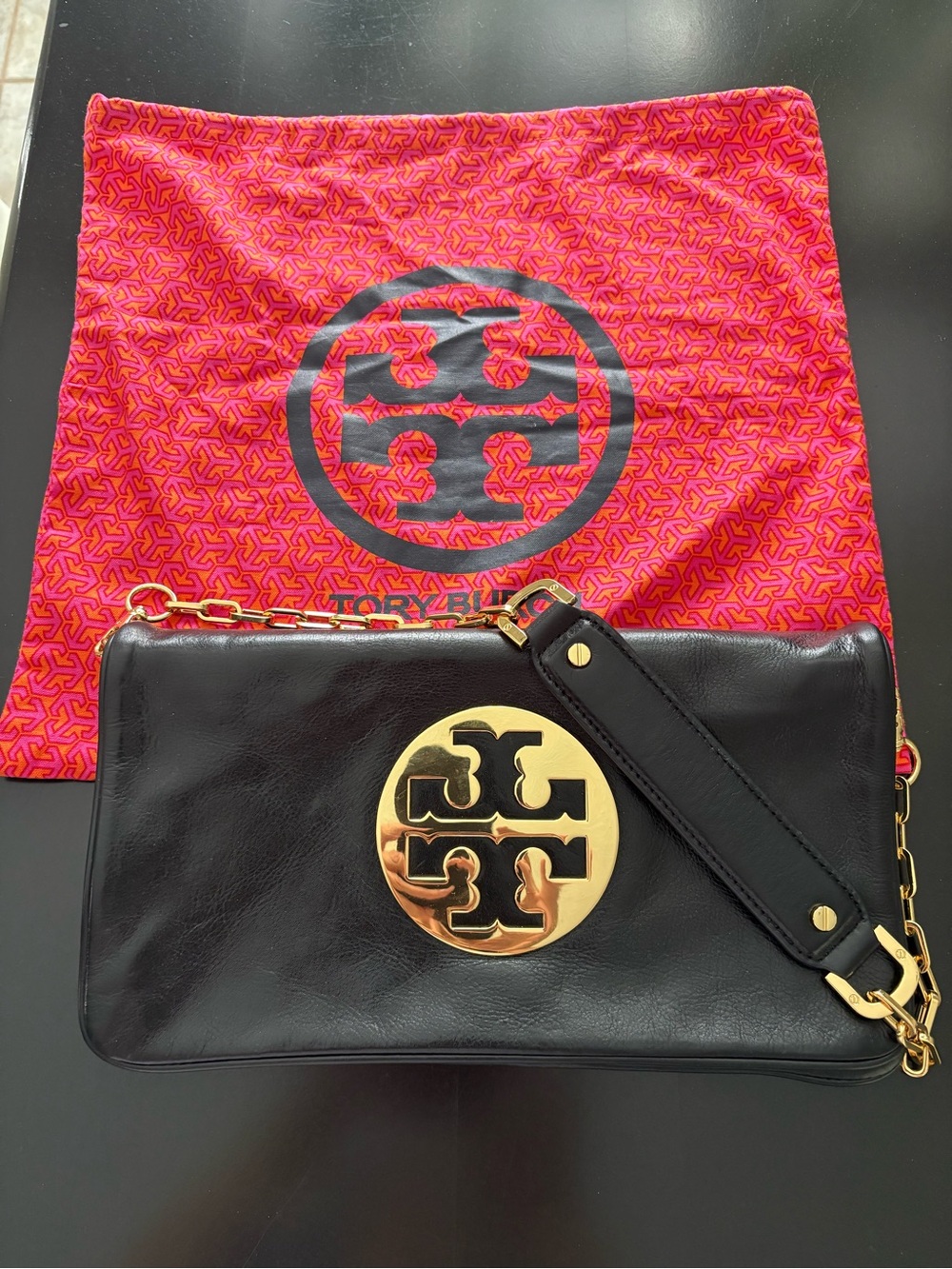 Tory Burch Black Leather Clutch with Gold Logo